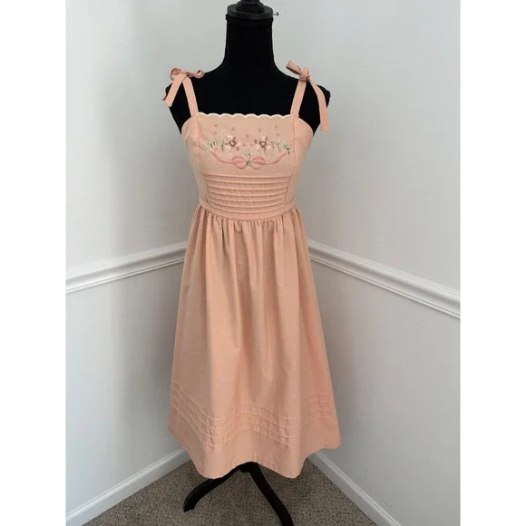 Vintage Vicky Vaughn Peach Floral Embroidered Smocked Midi Sundress 70s XS/ S - Picture 9 of 9